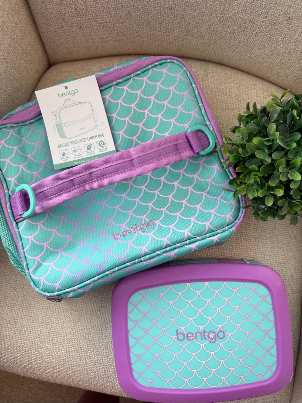 bentgo Kids Insulated Lunch Bag & Bento Box- Aqua Mermaid with Purple Trim